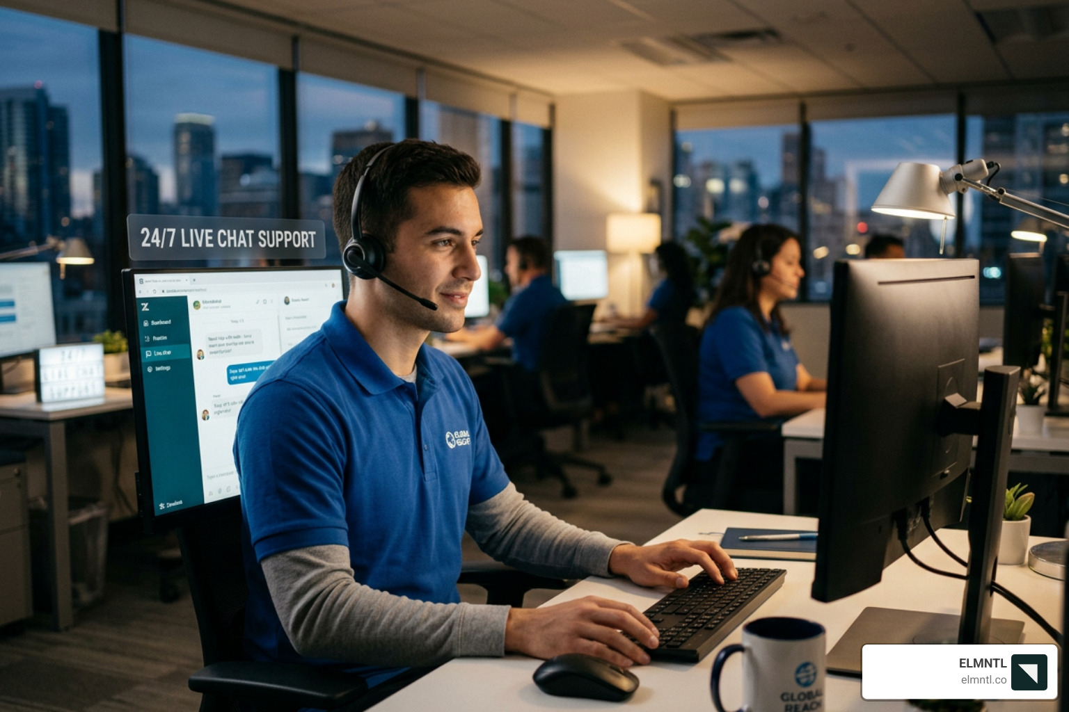 A customized chat widget appearing on a modern business website - 24/7 live chat support