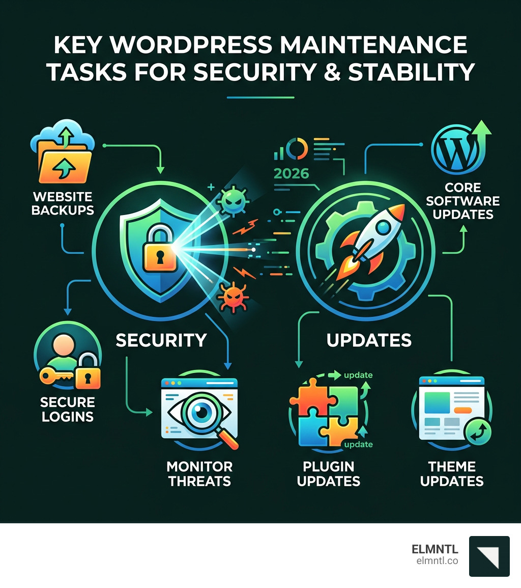 Infographic of WordPress maintenance tasks like security and updates - wordpress website help infographic 