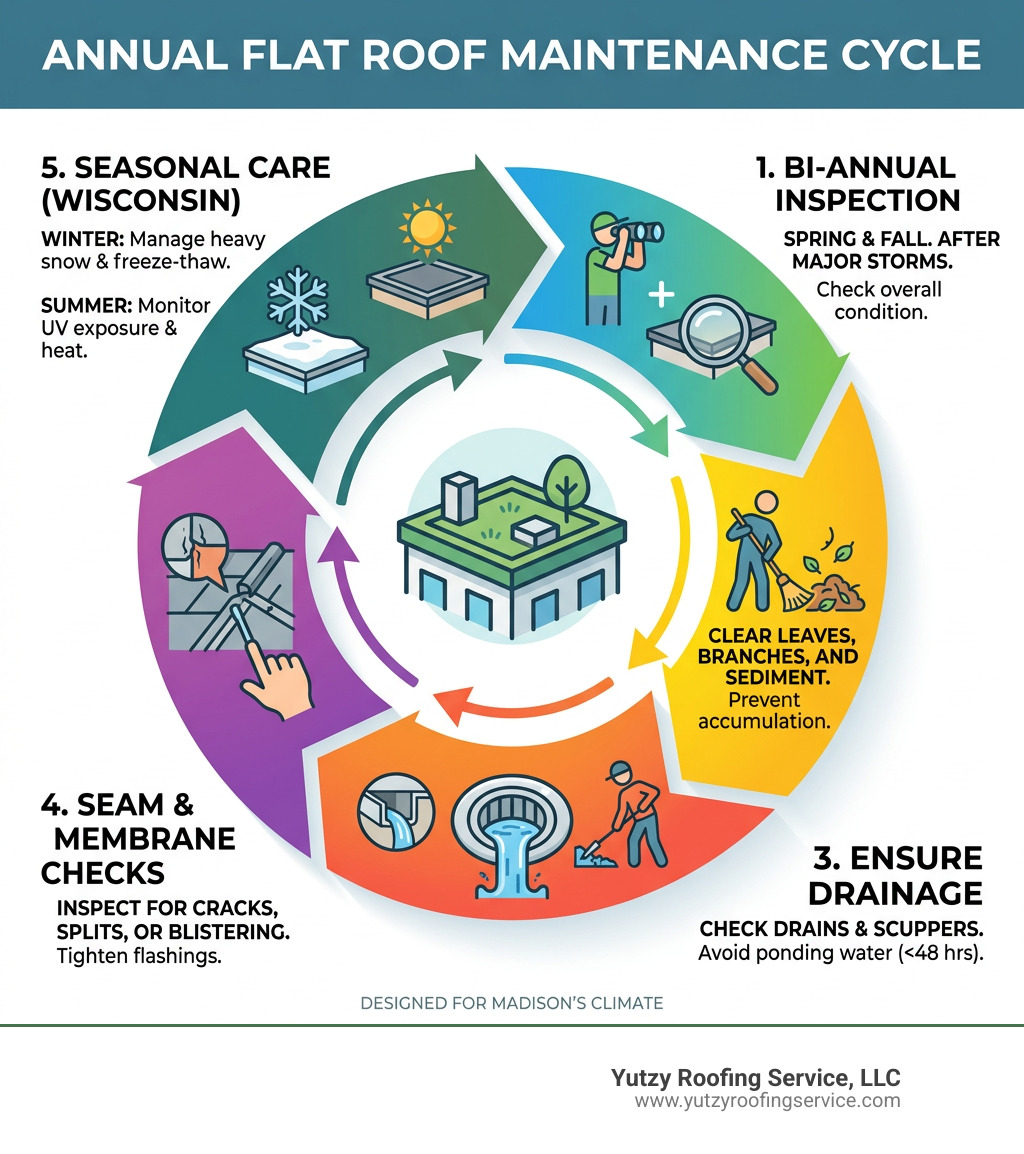 Flat roof maintenance cycle infographic showing inspection, debris removal, drainage, seam checks, and seasonal care steps Flat roof maintenance cycle infographic showing inspection, debris removal, drainage, seam checks, and seasonal care steps