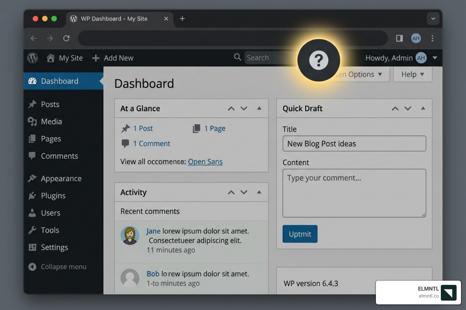 WordPress dashboard help icon location - wordpress website help