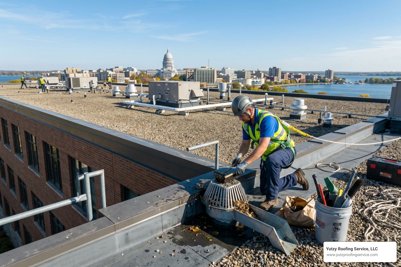 Professional clearing commercial roof drains and scuppers to prevent ponding - flat roof maintenance Madison Professional clearing commercial roof drains and scuppers to prevent ponding - flat roof maintenance Madison