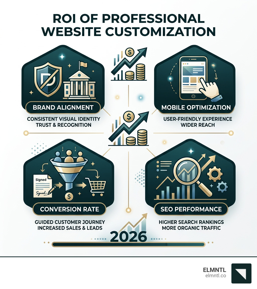 Infographic showing ROI of professional website customization: brand alignment, mobile optimization, conversion rate, SEO