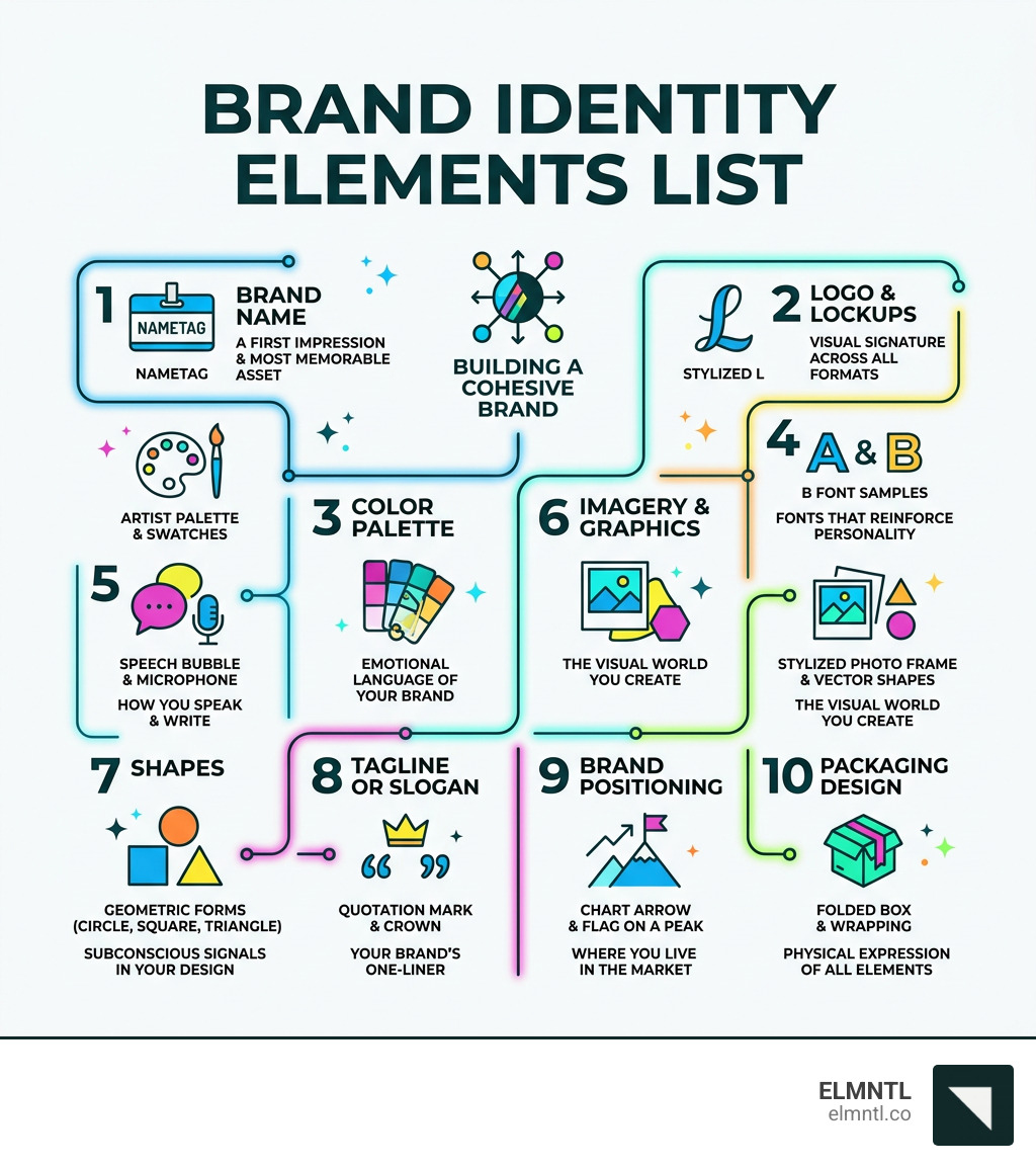 brand identity elements list infographic showing name logo color typography voice imagery shapes tagline positioning