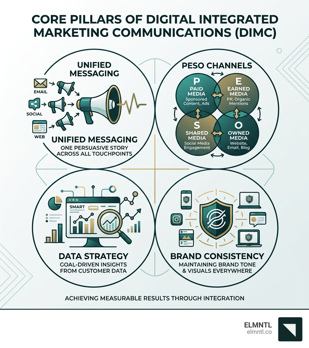 Core pillars of digital integrated marketing communications: unified messaging, PESO channels, data strategy, brand