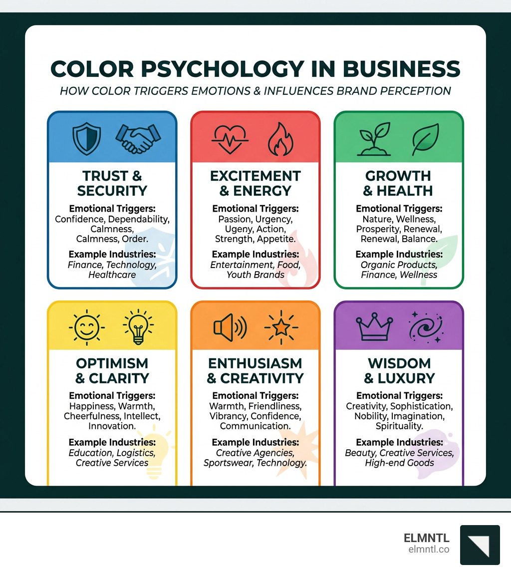 color psychology infographic showing different colors and their emotional triggers - brand identity elements list