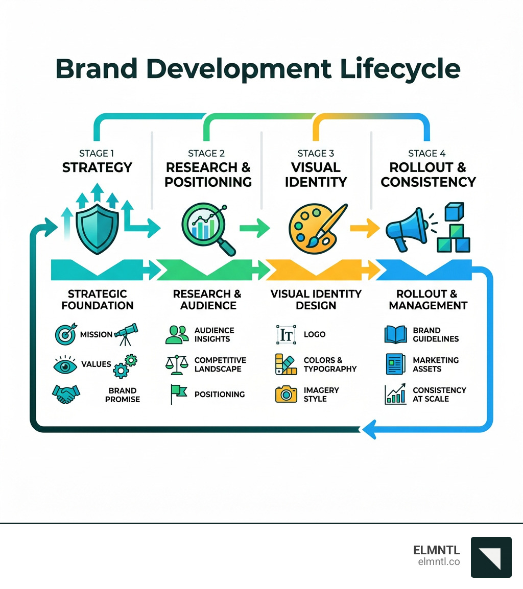 Brand development lifecycle infographic from strategy to visual identity and rollout - building a brand identity infographic Brand development lifecycle infographic from strategy to visual identity and rollout - building a brand identity infographic