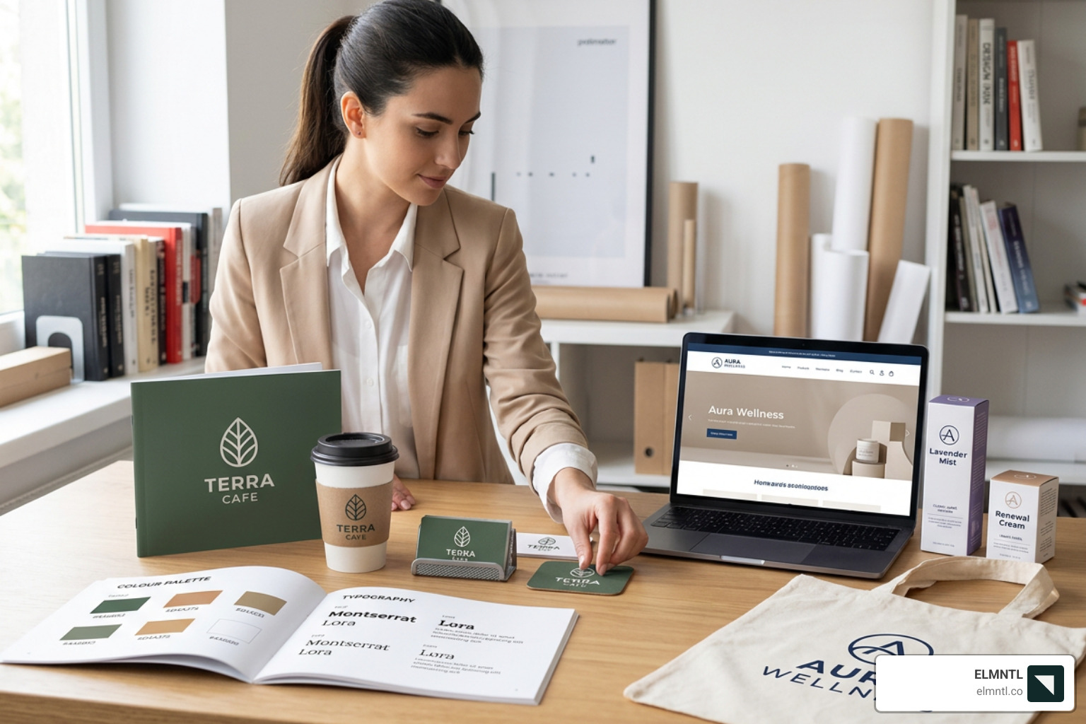 Brand style guide components including logo variations, color swatches, and typography - brand identity examples