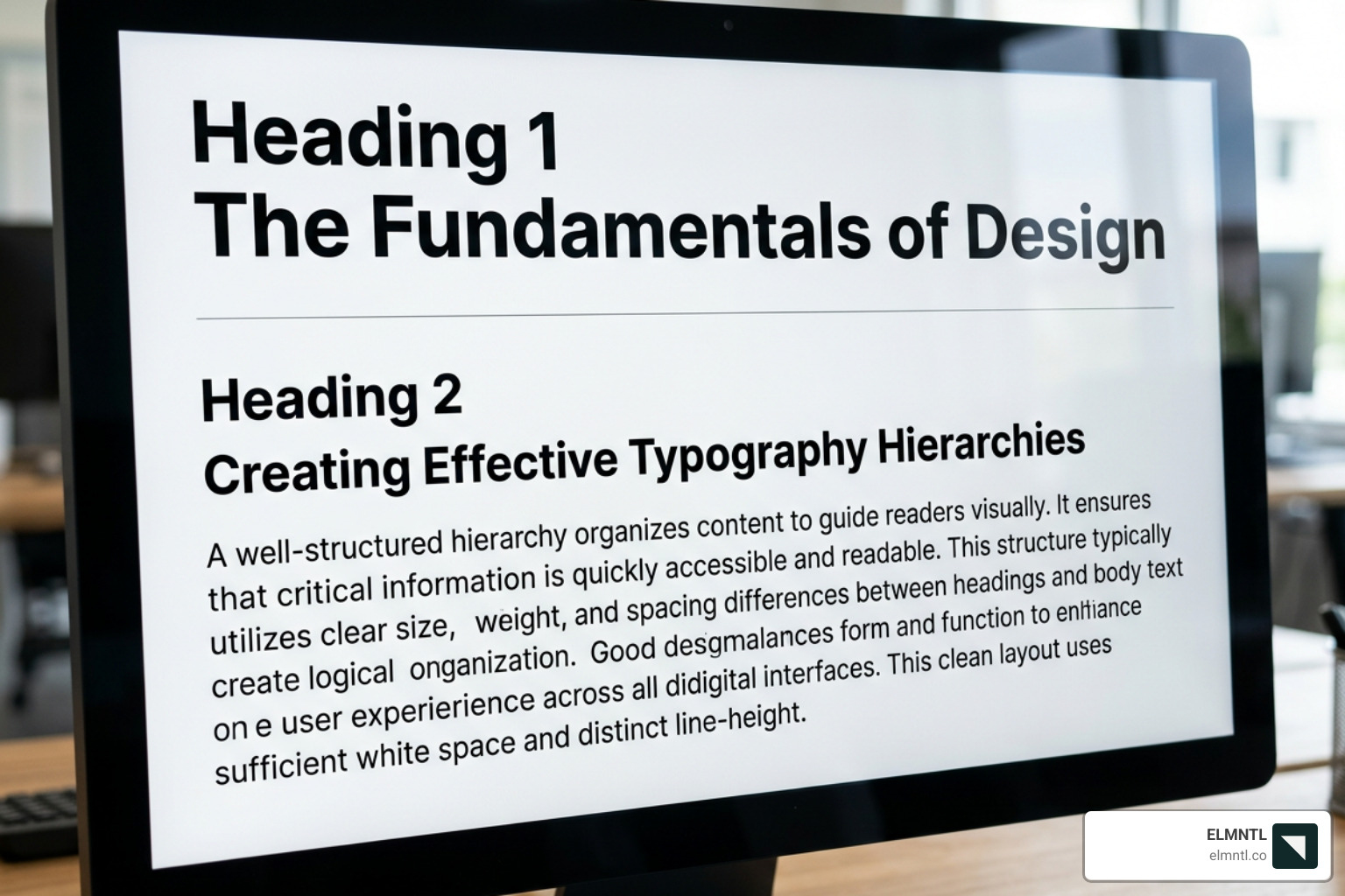 Typography hierarchy example: Heading 1, Heading 2, and Body Text - visual identity development