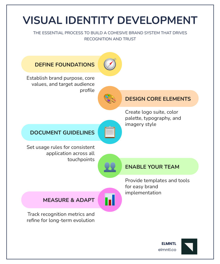 Visual identity development ecosystem: logo, colors, typography, imagery, guidelines, and brand touchpoints - visual
