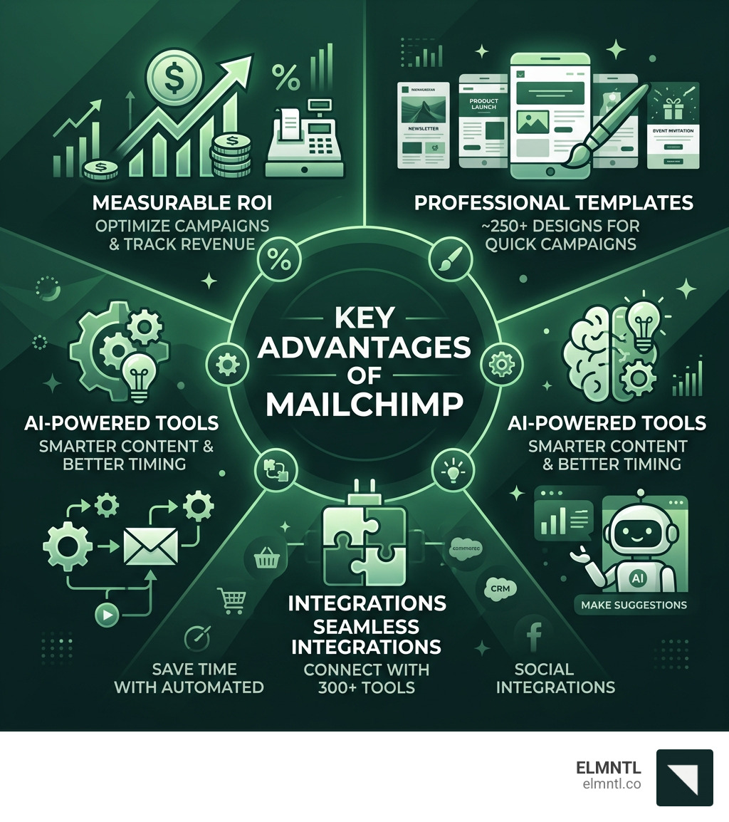Key advantages of Mailchimp infographic showing ROI, templates, AI tools, integrations, and automation - advantages of