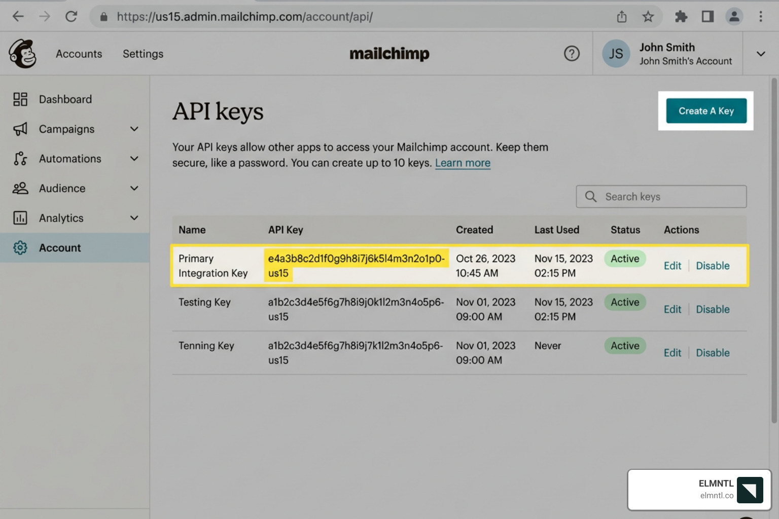 Mailchimp API key dashboard showing the API key and the data center suffix - api mailchimp com 3.0 lists