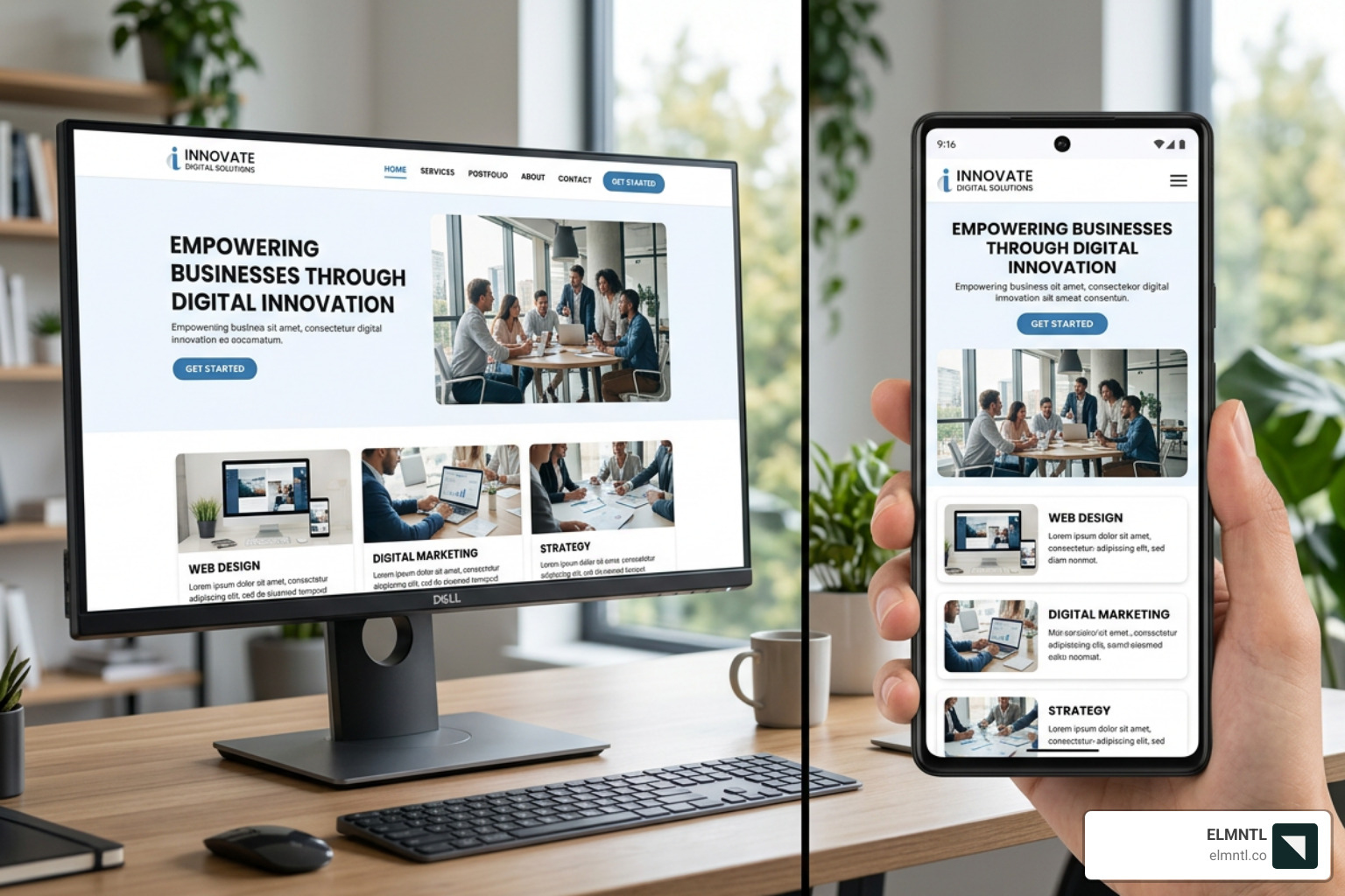Comparison of mobile vs desktop responsive design showing fluid layout transitions - website customization services