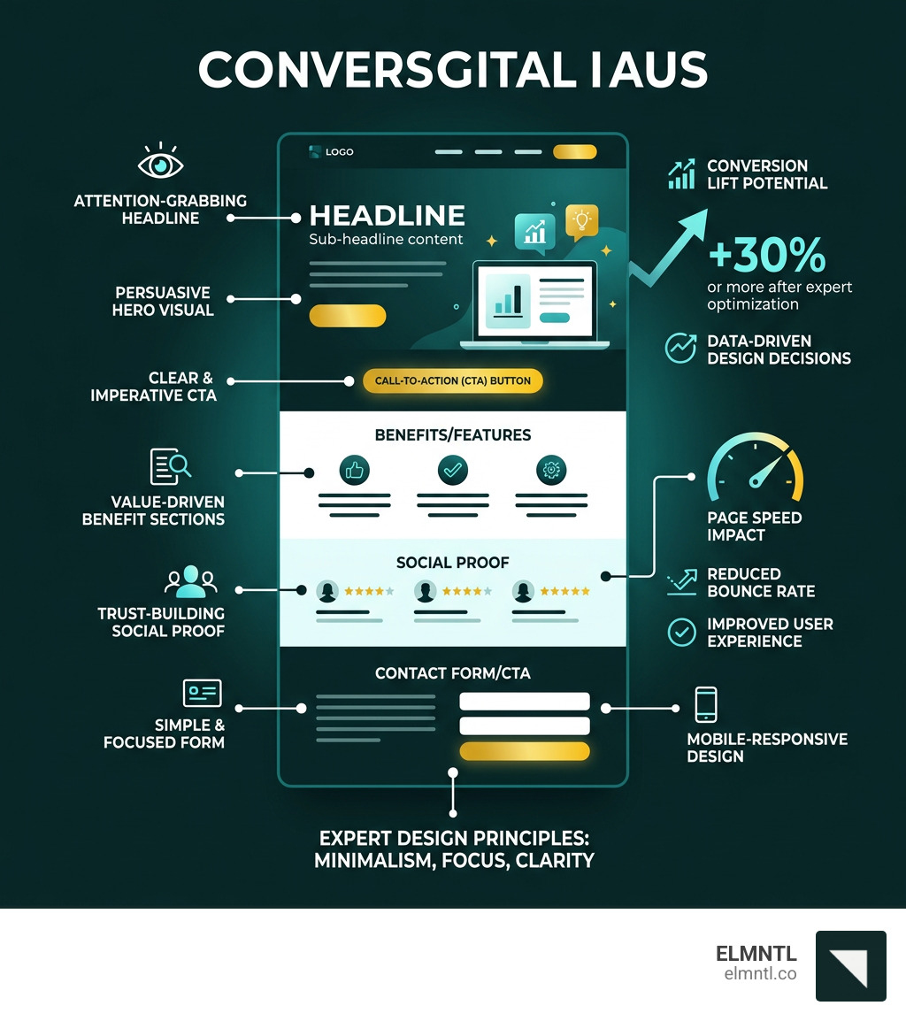 Infographic showing the anatomy of a high-performing landing page with key elements and conversion stats - landing page Infographic showing the anatomy of a high-performing landing page with key elements and conversion stats - landing page