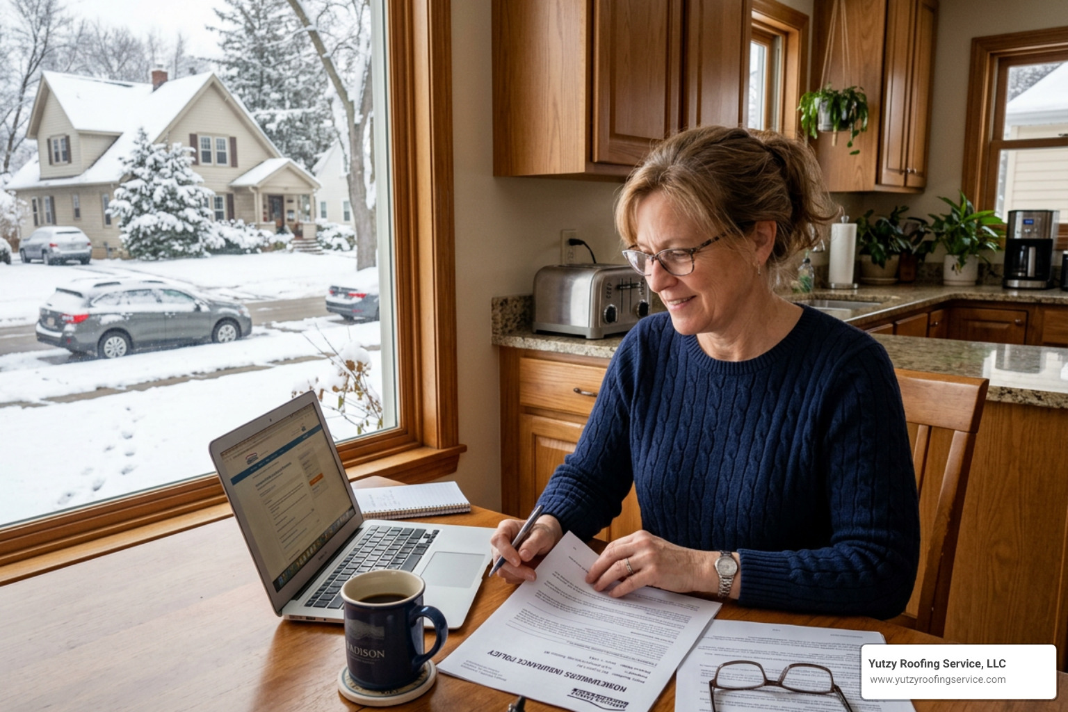 homeowner in Madison Wisconsin reviewing their insurance policy papers - how to get insurance to pay for roof replacement homeowner in Madison Wisconsin reviewing their insurance policy papers - how to get insurance to pay for roof replacement