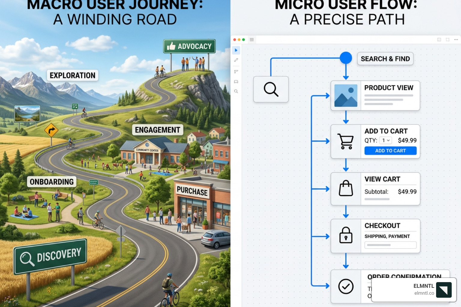 Comparison of macro user journey vs micro user flow - user journey of a website