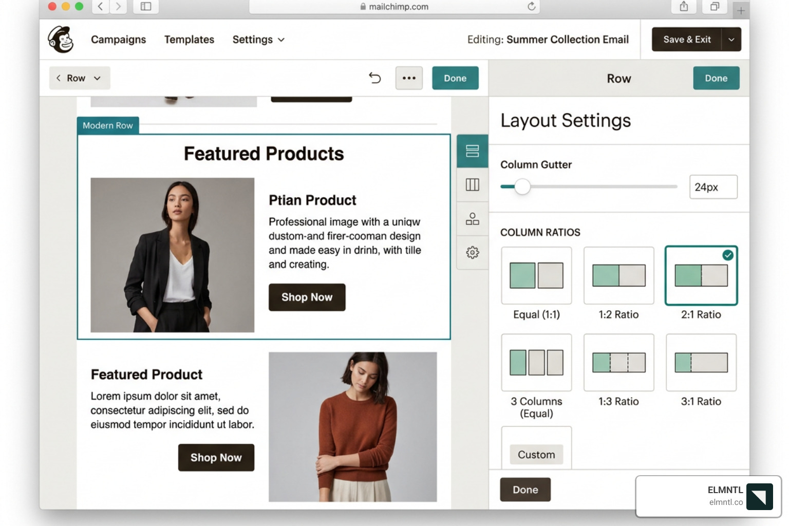 screenshot of the Mailchimp New Builder layout block settings showing column ratio options - add column mailchimp