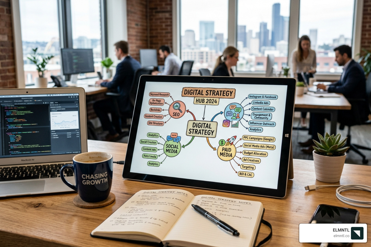Digital strategy mapping showing the connection between SEO, Social, and Paid Media - integrated creative agency