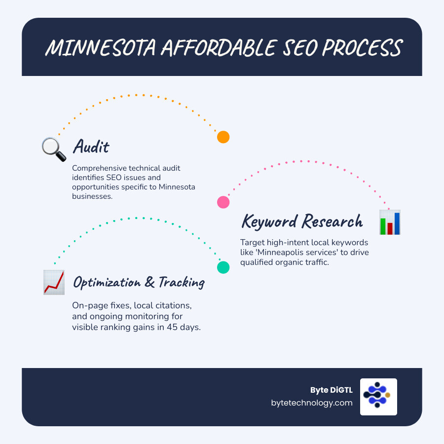 Infographic showing the Minnesota affordable SEO process: audit, keyword research, on-page optimization, local citations Infographic showing the Minnesota affordable SEO process: audit, keyword research, on-page optimization, local citations