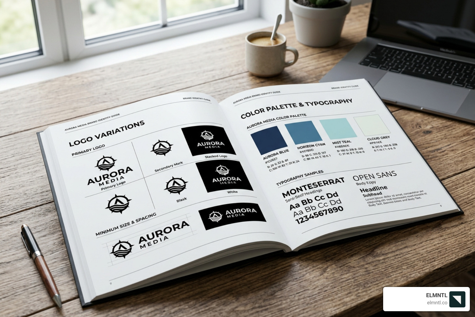 A professional brand style guide showing logo variations and color swatches - key factors when developing a brand identity