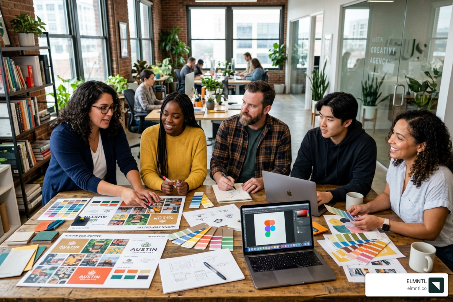 Team working on brand identity design with mood boards and color swatches - building a brand identity Team working on brand identity design with mood boards and color swatches - building a brand identity
