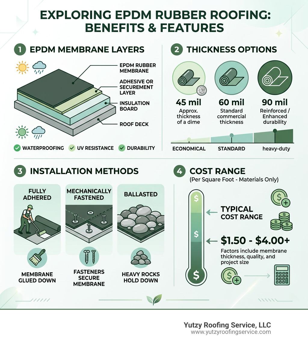 Infographic showing EPDM membrane layers, thickness options, installation methods, and cost range - epdm rubber roofing for Infographic showing EPDM membrane layers, thickness options, installation methods, and cost range - epdm rubber roofing for
