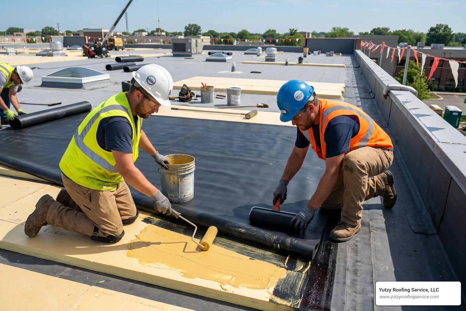 Fully adhered EPDM installation showing adhesive application and membrane smoothing - epdm rubber roofing for sale Fully adhered EPDM installation showing adhesive application and membrane smoothing - epdm rubber roofing for sale