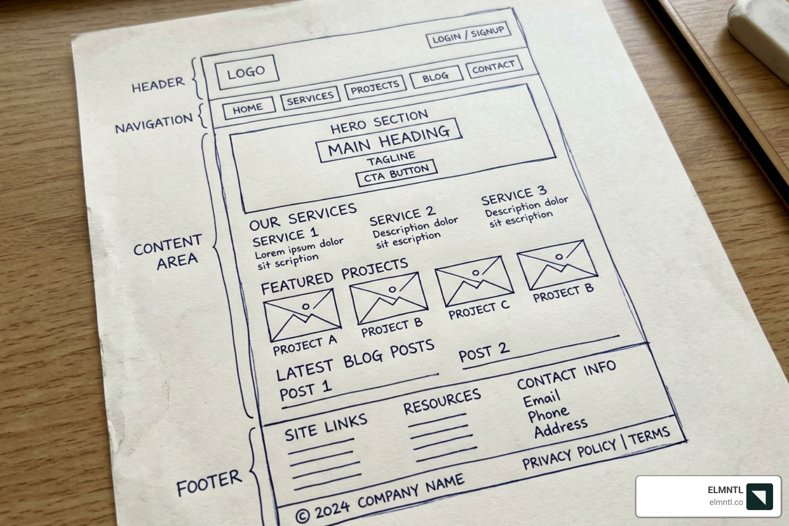 A low-fidelity wireframe showing the structural layout of a website before visual design - ux and ui web design