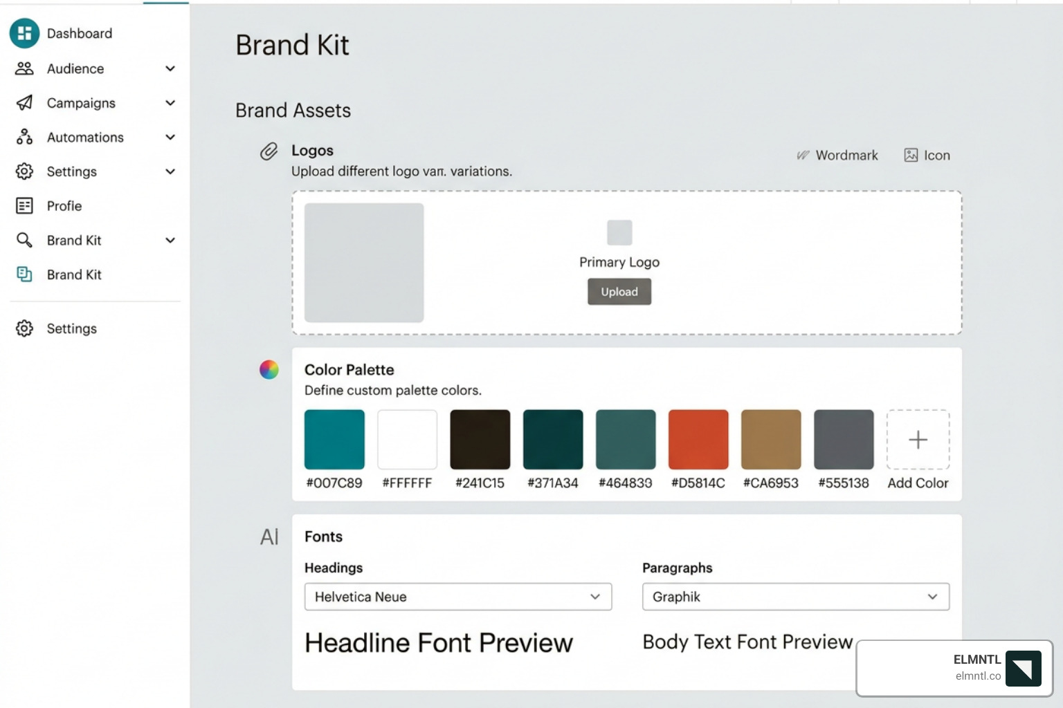 Brand Kit settings interface showing logo, colors, and font options - creative assistant mailchimp