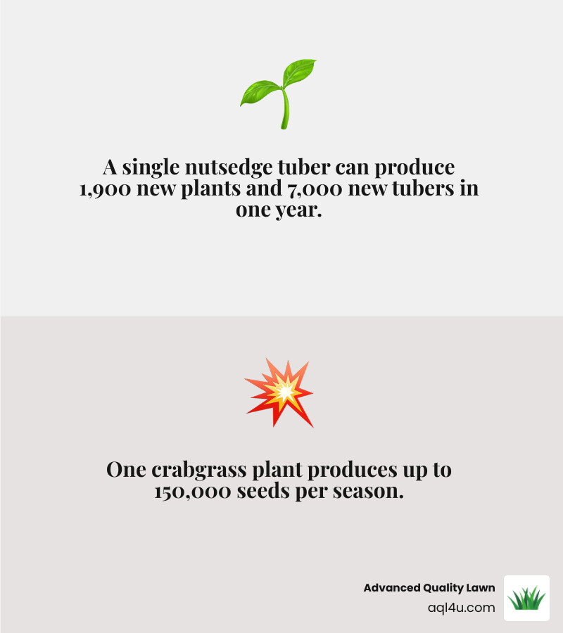 Reproductive cycles of nutsedge tubers and crabgrass seeds infographic - best weed killer for nutsedge and crabgrass