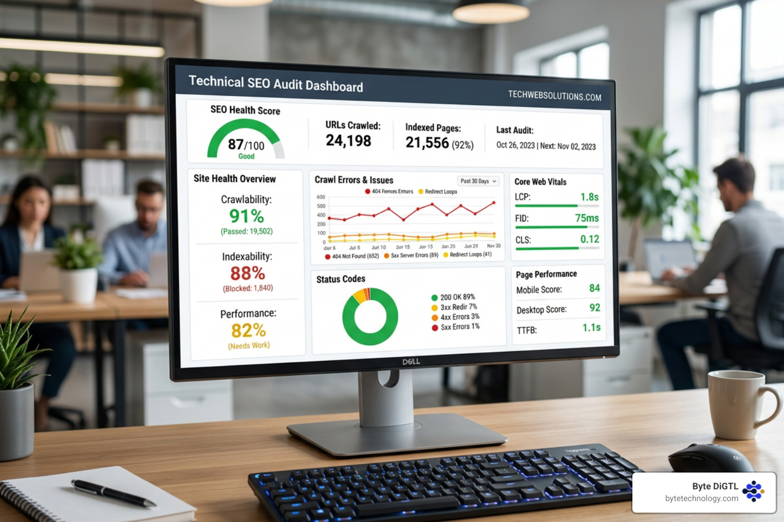 technical SEO audit showing site health scores and crawl errors - professional seo services minnesota