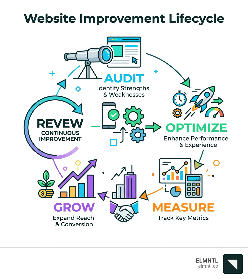 Website improvement lifecycle infographic showing steps from audit to optimization to growth - how to improve business