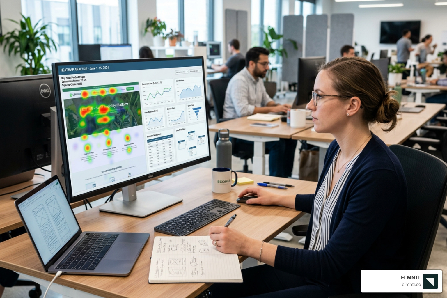 Designer analyzing user data and heatmaps to improve conversion rates - ux ui design specialists