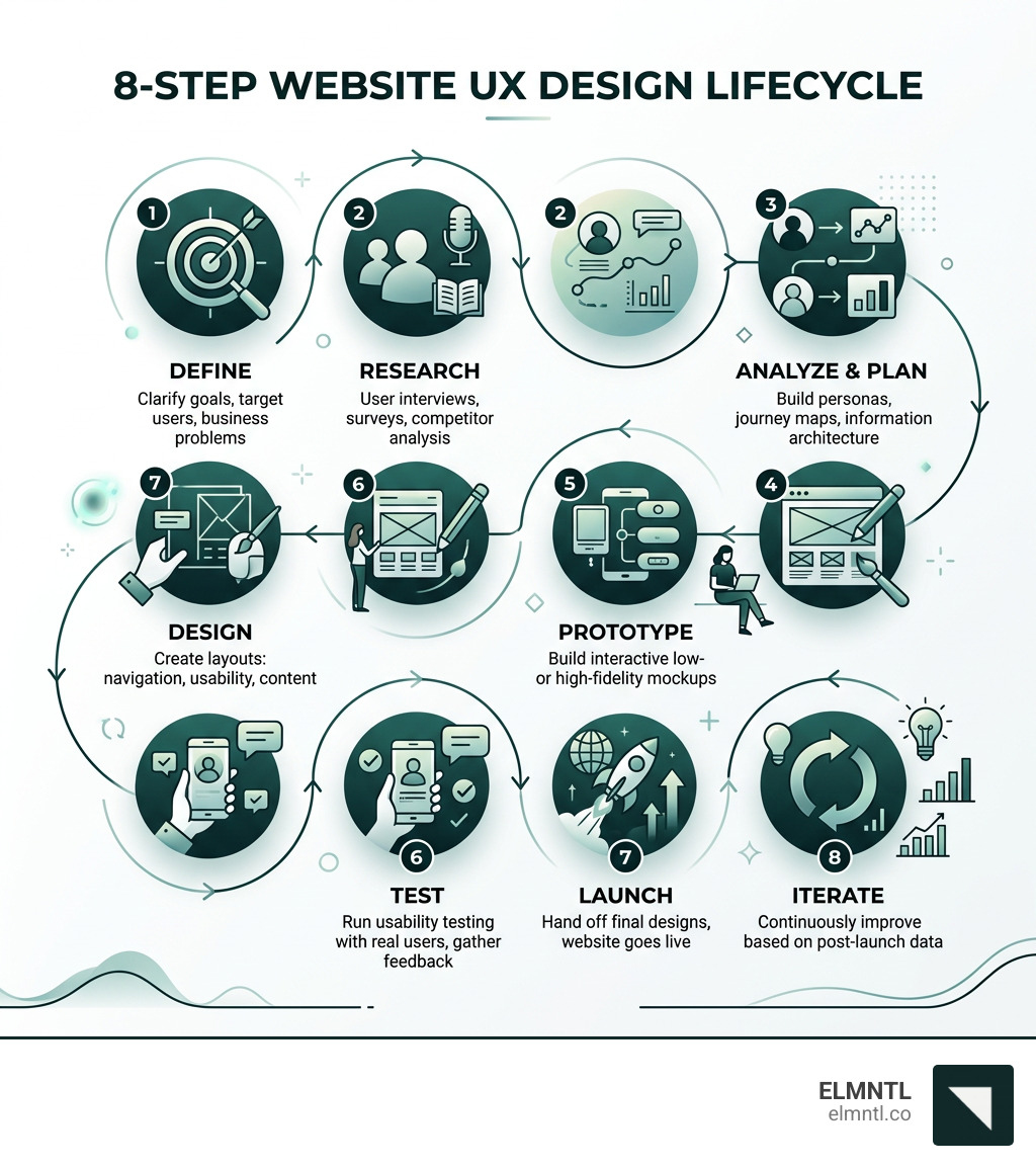 8-step UX design lifecycle infographic showing Define, Research, Analyze, Design, Prototype, Test, Launch, Iterate - website