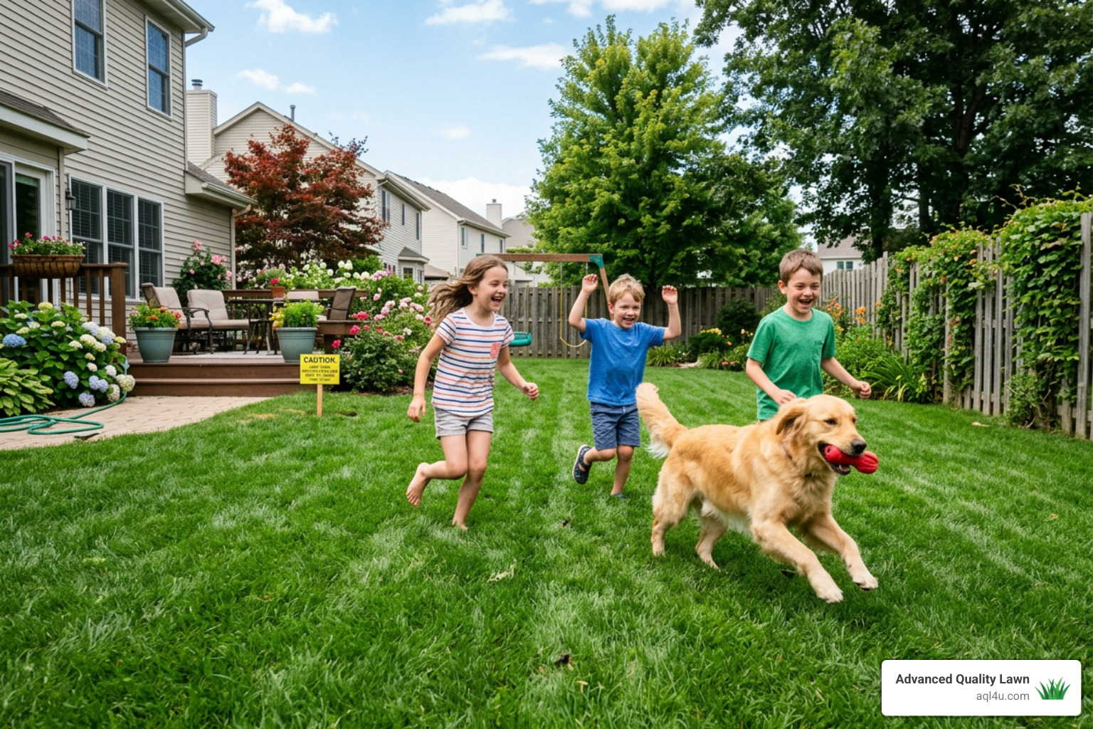 Children and a dog playing safely on a lush green lawn after liquid fertilizer application - 16 4 8 liquid fertilizer