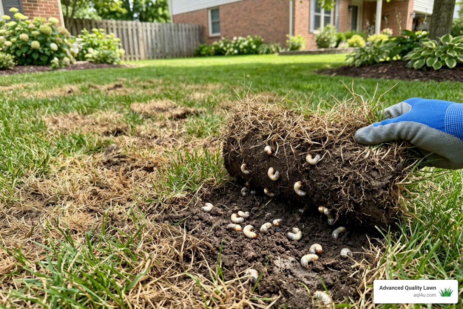 Brown patches on a lawn caused by white grubs eating roots - best insect control for lawns