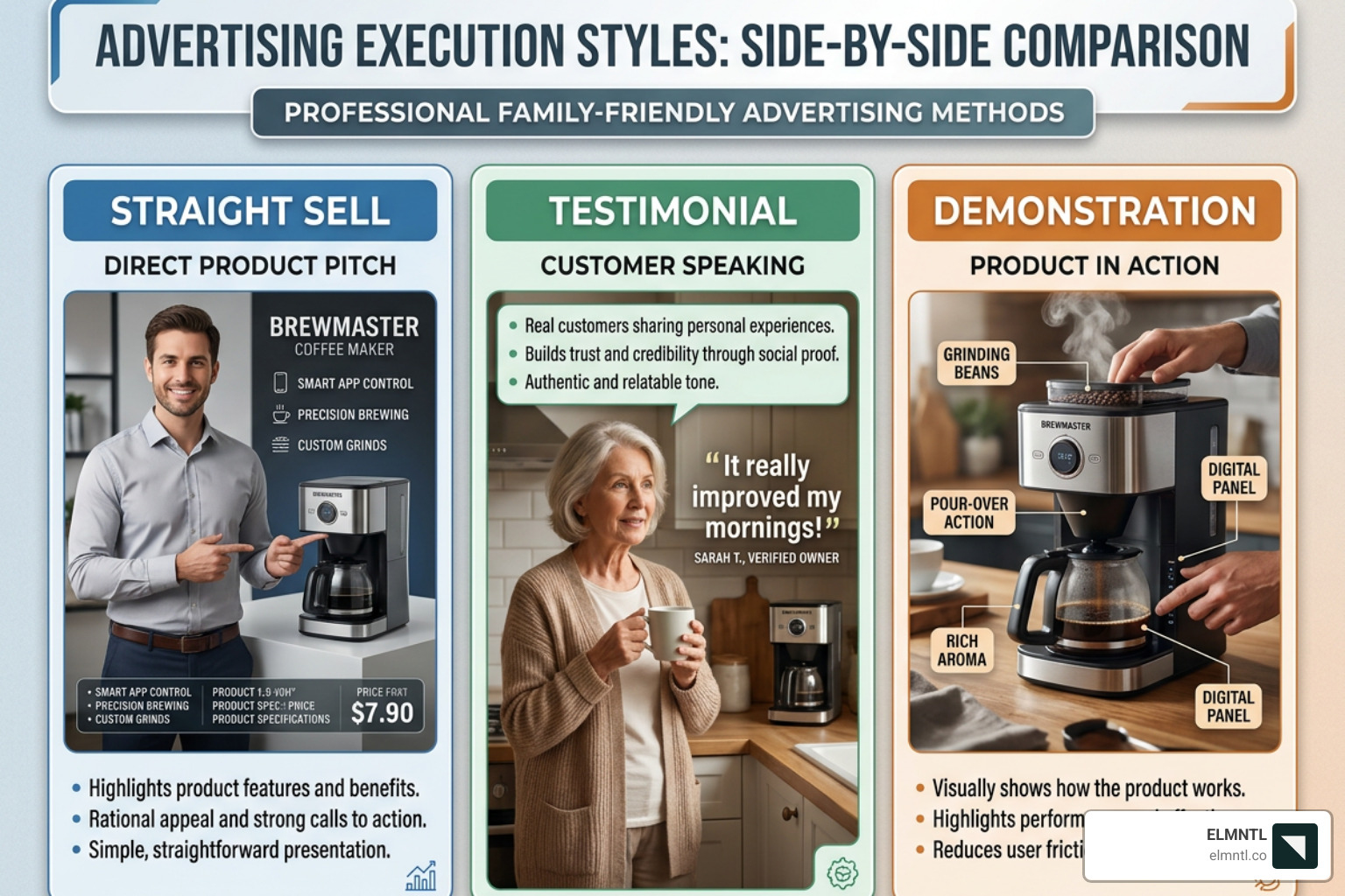 comparison of different advertising execution styles including straight sell, testimonial, and demonstration - creative comparison of different advertising execution styles including straight sell, testimonial, and demonstration - creative