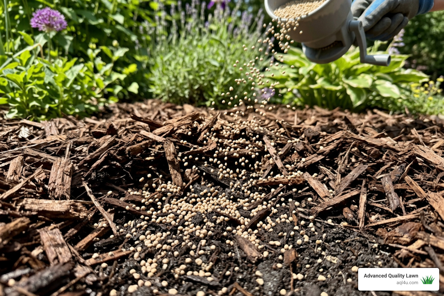 Granular herbicide granules settling through mulch layers to reach the soil surface - crabgrass preventer in flower beds