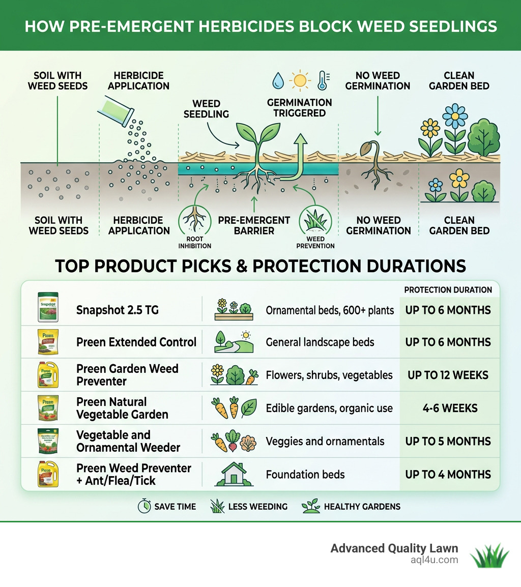 Infographic showing how pre-emergent herbicides block weed seedlings with top product picks and protection durations - pre