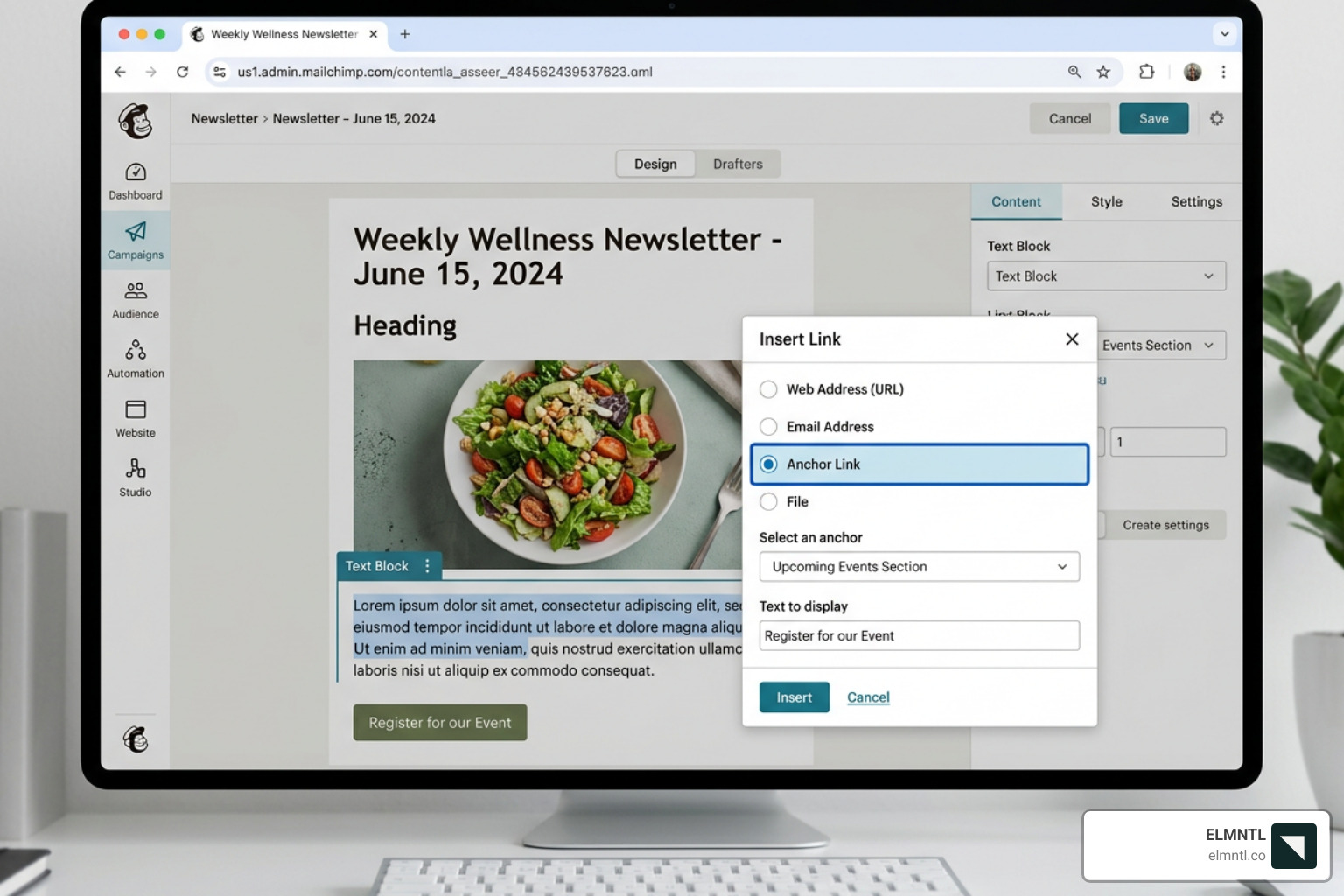The Mailchimp Link Tool interface showing the anchor link selection - anchor links not working in mailchimp