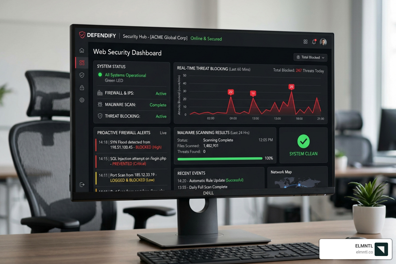 Website security dashboard showing proactive firewall and malware scanning results - managed web services Website security dashboard showing proactive firewall and malware scanning results - managed web services