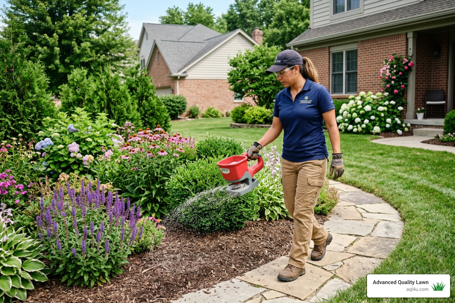 professional-grade granular herbicide being applied to a landscape bed - pre emergent for garden beds