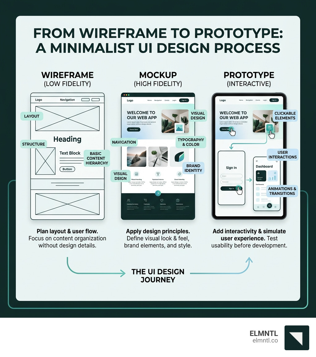 UI design process from wireframe to prototype stages explained - web application ui design tools infographic 