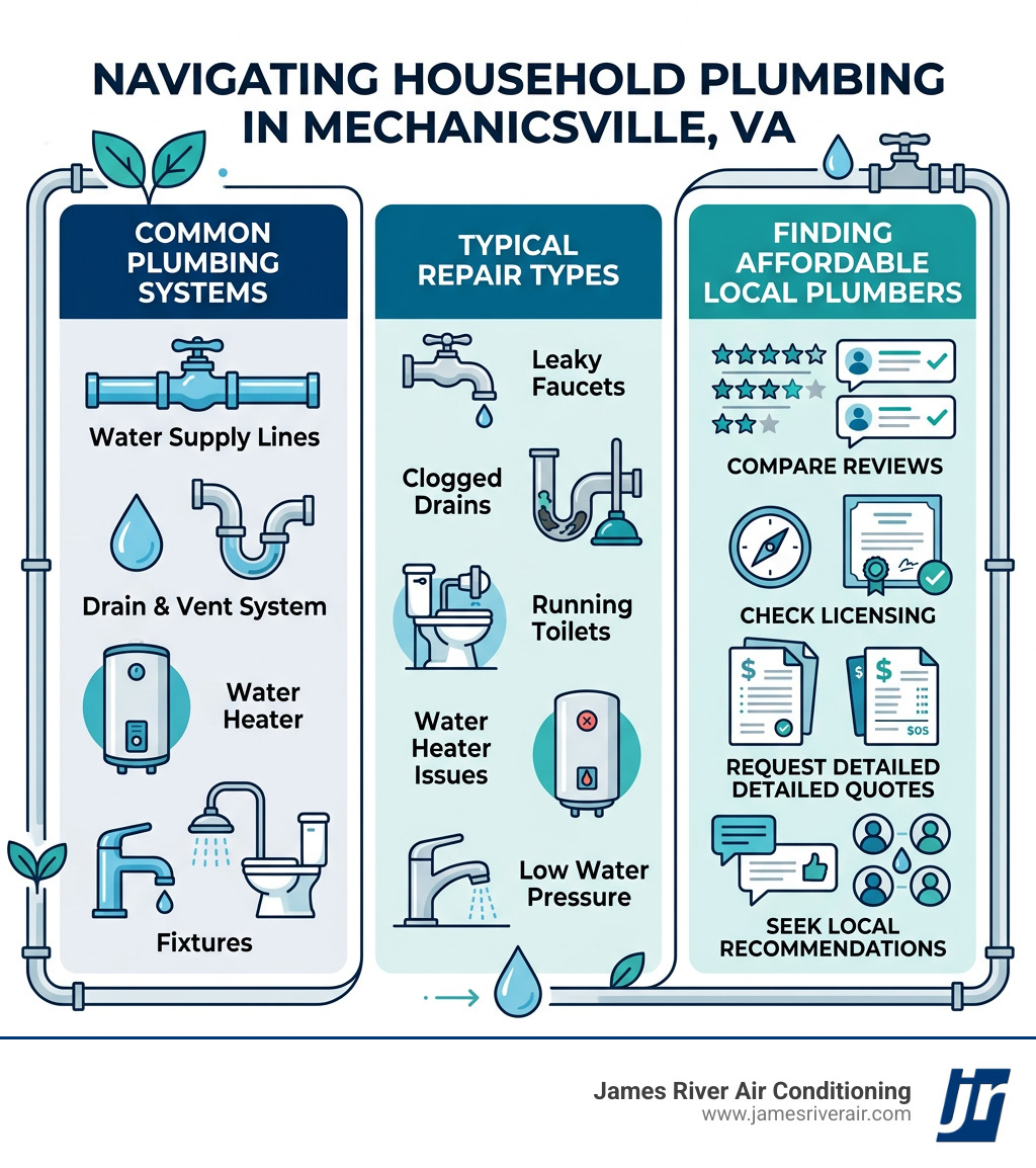 Infographic showing common household plumbing systems, typical repair types, and tips for finding affordable local plumbers Infographic showing common household plumbing systems, typical repair types, and tips for finding affordable local plumbers
