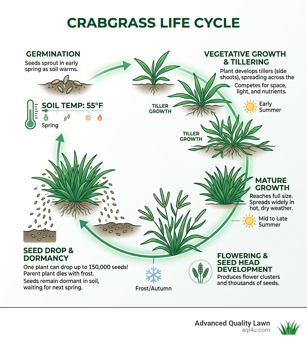 Crabgrass life cycle infographic from germination at 55°F to tiller growth to seed drop - best herbicide for crabgrass Crabgrass life cycle infographic from germination at 55°F to tiller growth to seed drop - best herbicide for crabgrass