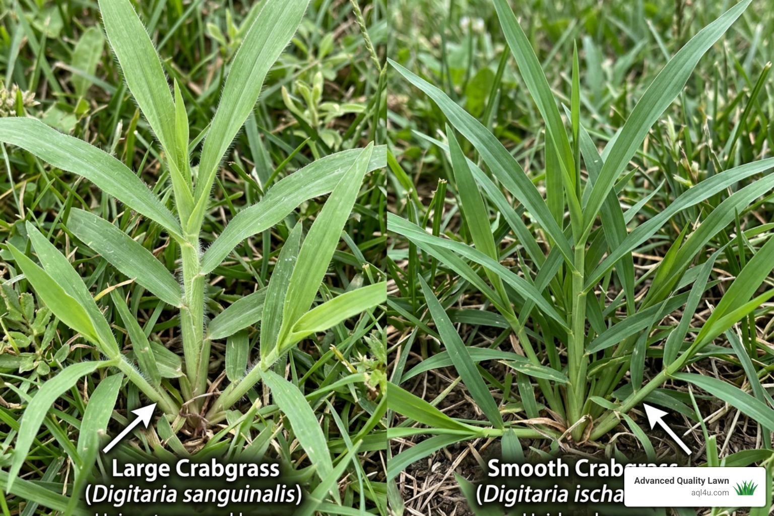 Comparison of large crabgrass with hairy stems and smooth crabgrass with hairless leaves - best herbicide for crabgrass Comparison of large crabgrass with hairy stems and smooth crabgrass with hairless leaves - best herbicide for crabgrass