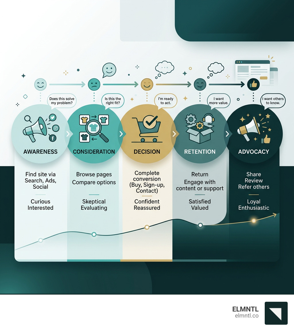 Website user journey lifecycle infographic showing 5 stages from awareness to advocacy with key actions and emotions - user Website user journey lifecycle infographic showing 5 stages from awareness to advocacy with key actions and emotions - user