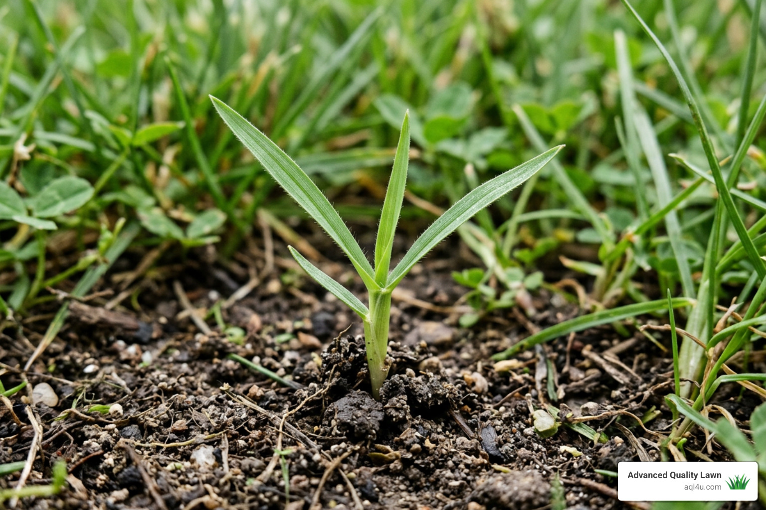 Crabgrass seedling at the 3-leaf stage before tillering begins - dithiopyr post emergent