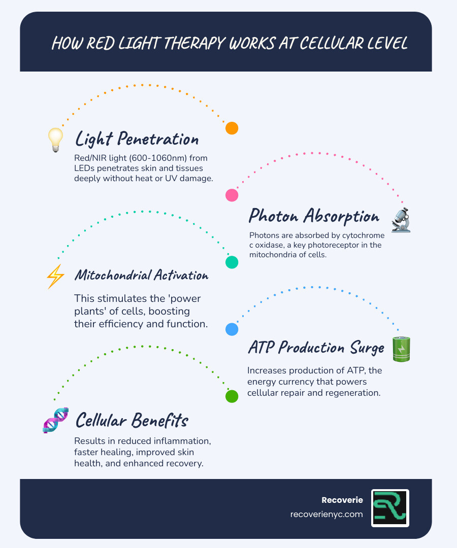 infographic showing the red light therapy light spectrum from 600nm to 1060nm and their therapeutic benefits - red light