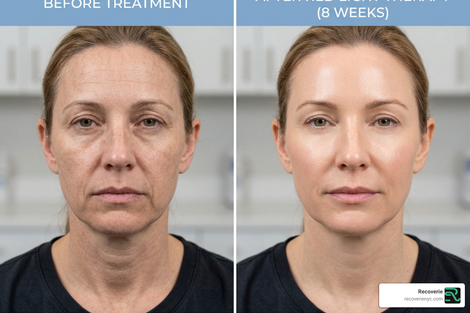 Before and after comparison of skin texture and rejuvenation results from red light therapy - red light therapy booth