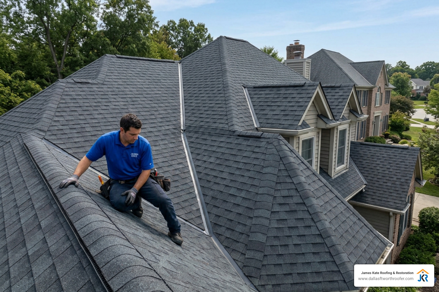 A complex roof with multiple valleys, dormers, and a steep pitch being inspected by a pro in a royal blue James Kate shirt A complex roof with multiple valleys, dormers, and a steep pitch being inspected by a pro in a royal blue James Kate shirt
